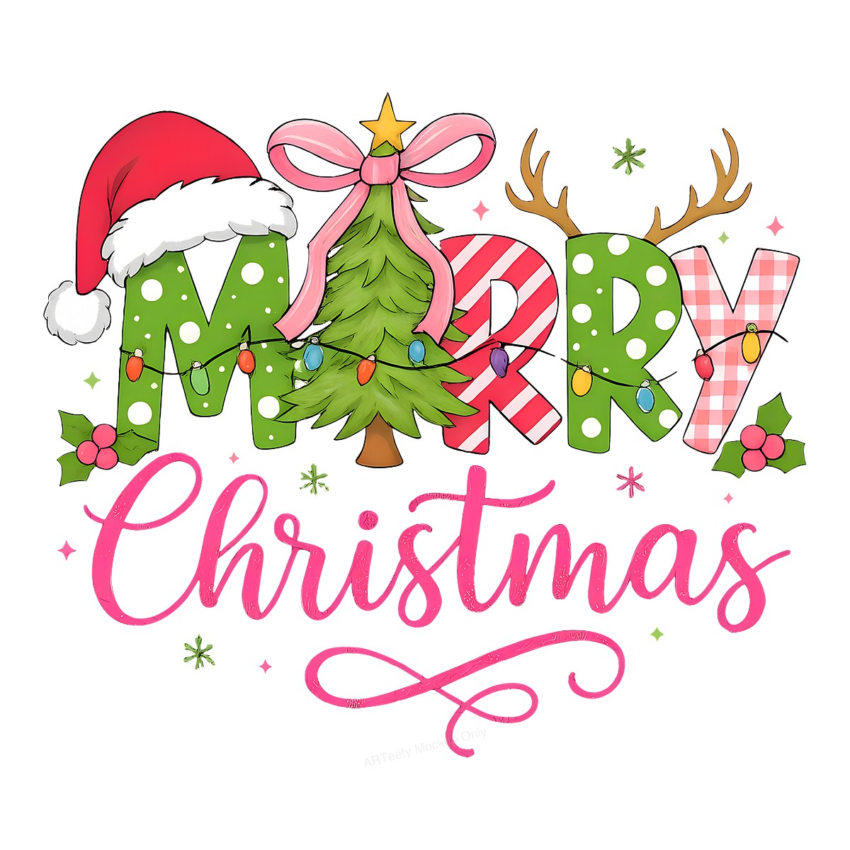 DTF Heat Transfer Iron On Sticker Iron On Heat Transfers Merry Christmas Design Colorful Lettering with Santa Hat Tree Lights for Holiday T Shirts Local Warehouse - 1