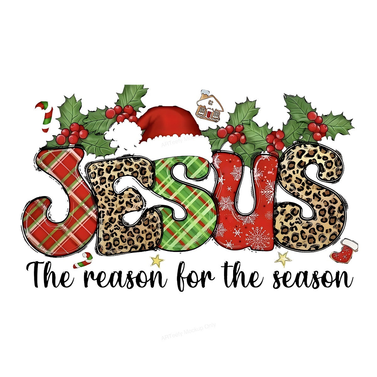 DTF Heat Transfer Iron On Sticker Iron On Heat Transfers Christmas Jesus Reason for the Season Plaid Leopard Santa Hat Designs for Holiday Apparel Clearance Local Warehouse - 1