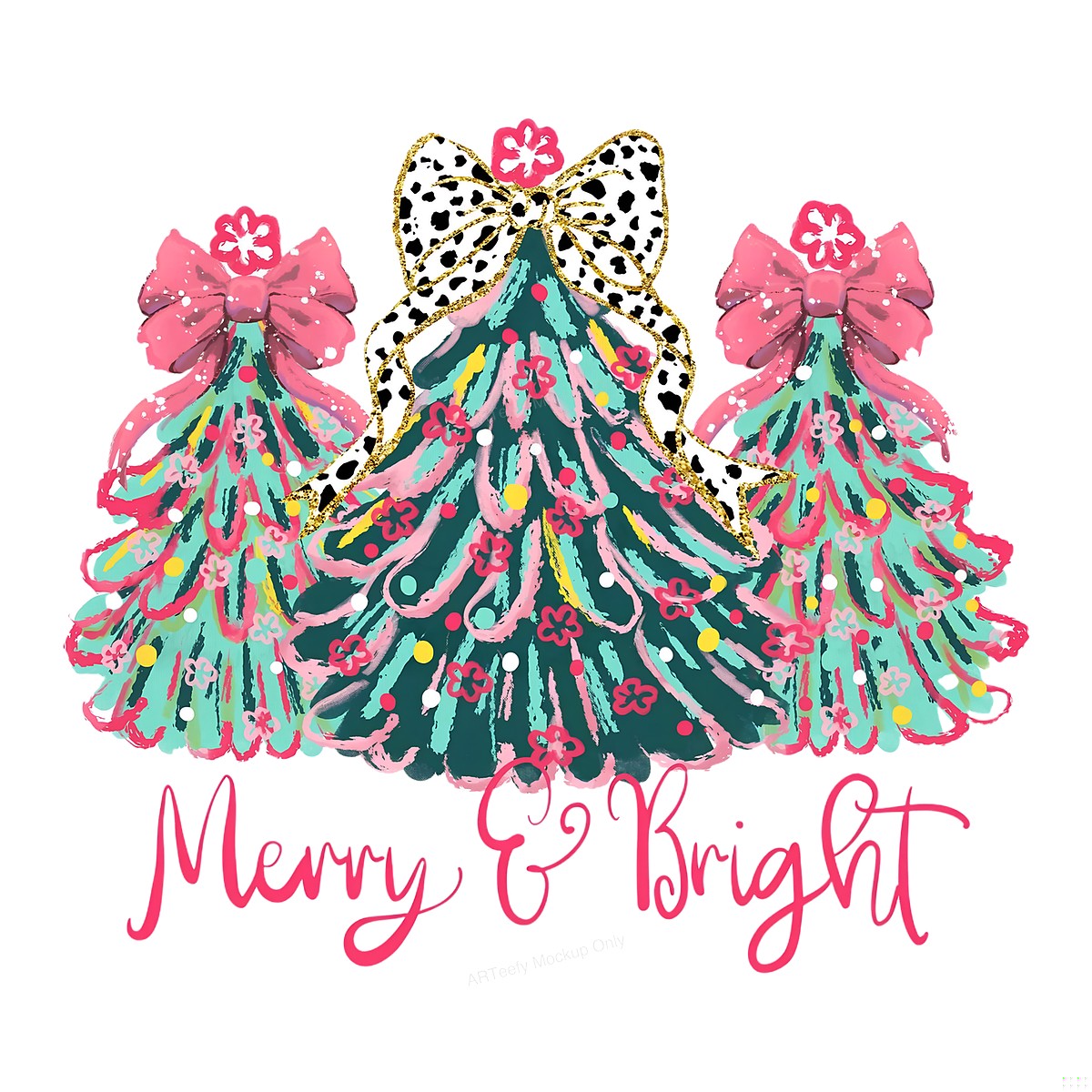 DTF Heat Transfer Iron On Sticker Iron On Transfers for T Shirts Merry Bright Christmas Tree Design with Pink Bows for Holiday Apparel Gifts Local Warehouse - 1