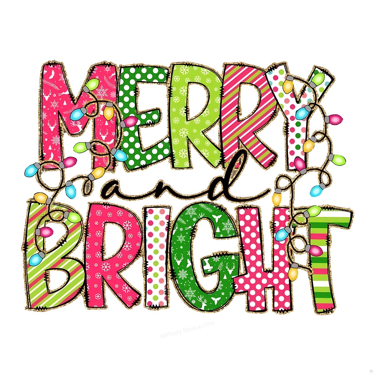 DTF Heat Transfer Iron On Sticker Iron On Heat Transfers Merry and Bright Festive Lettering with Christmas Lights for Holiday T Shirts Christmas Iron On Heat Transfers Clearance - 1