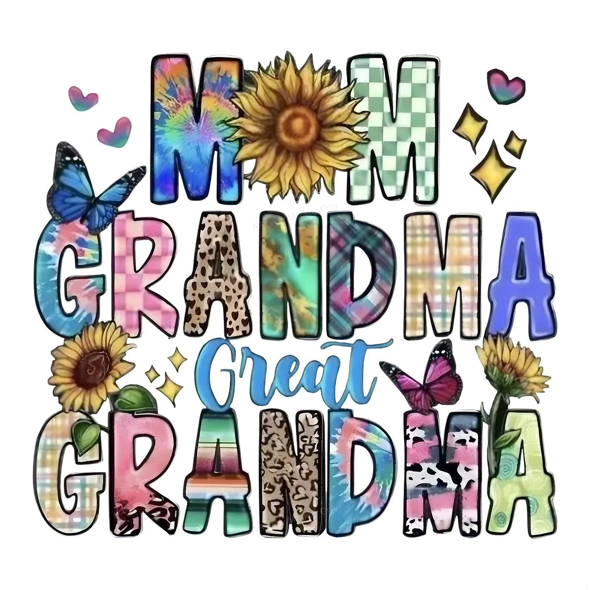 DTF Heat Transfer Iron On Sticker Iron On Transfers for T Shirts Colorful Mom Grandma Great Grandma Lettering with Sunflowers Butterflies for Family Gifts Apparel Clearance - 1