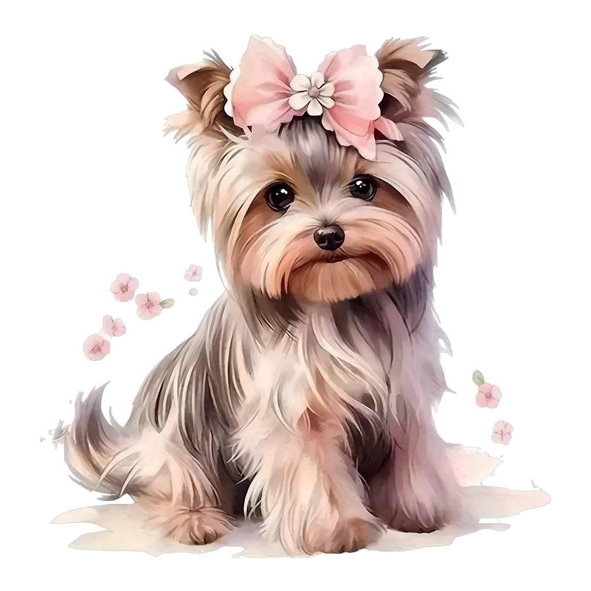 Iron On Transfer Cute Yorkshire Terrier with Floral Bow Design for T Shirts and Tote Bags - 1