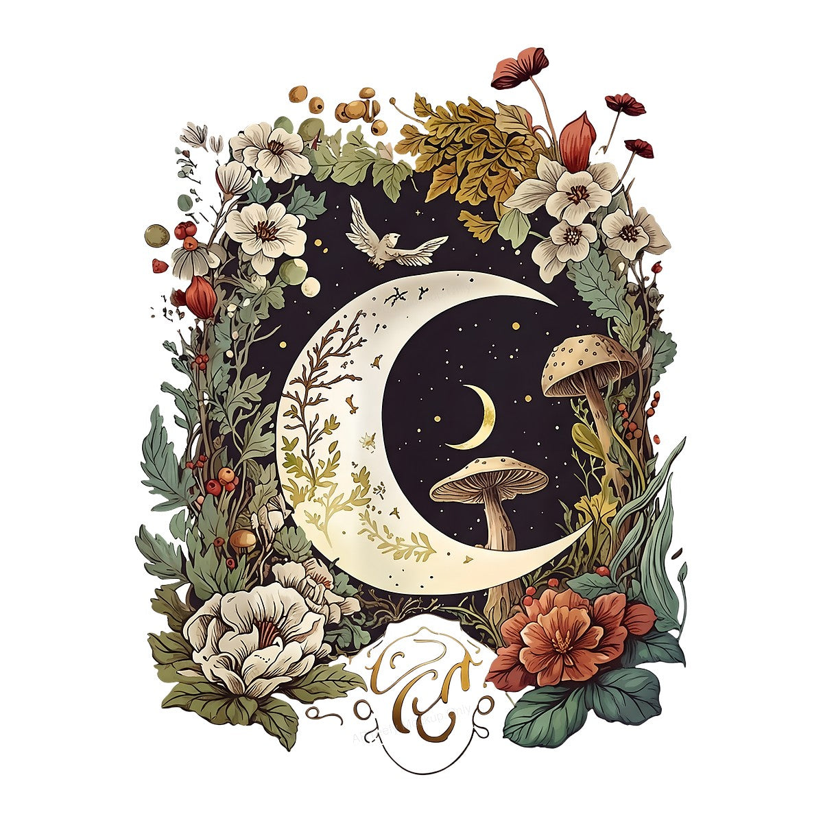 Iron On Transfer Botanical Moon and Stars Floral Design for T Shirts and Tote Bags - 1