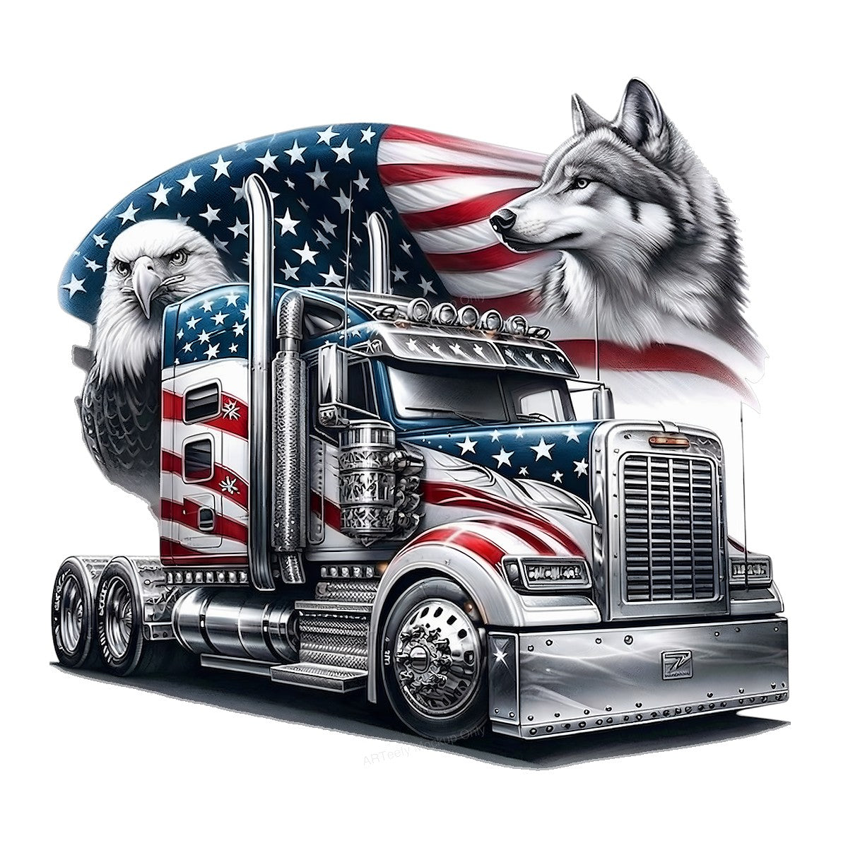 Iron On Transfer Patriotic Truck with Eagle and Wolf Design for T Shirts and Hoodies - 1
