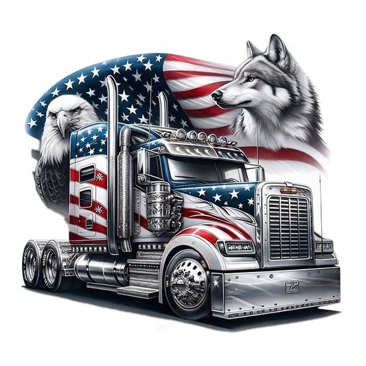 Iron On Transfer Patriotic Truck with Eagle and Wolf Design for T Shirts and Hoodies - 1