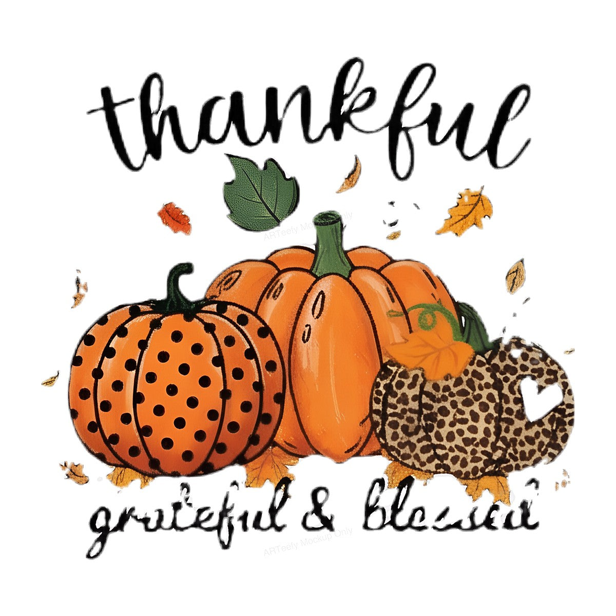 Iron On Transfer Thankful Pumpkin Leopard Print Design for Holiday Shirts and Tote Bags - 1