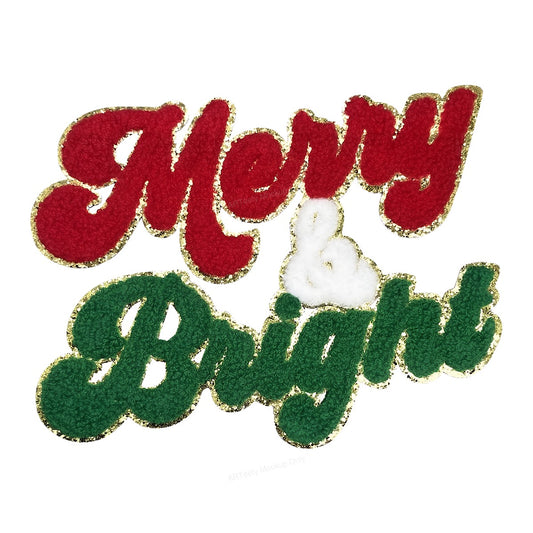 Iron On Transfer Merry & Bright Holiday Chenille Patch for T Shirts and Tote Bags - 1