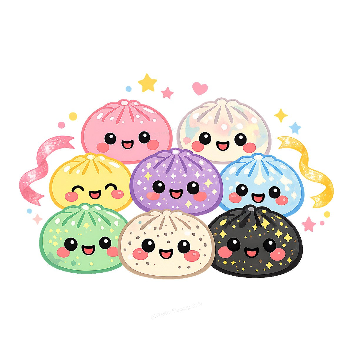 DTF Heat Transfer Kawaii Colorful Dumpling Squad Pastel Sparkle Graphic for T Shirts Hoodies and Tote Bags - 1