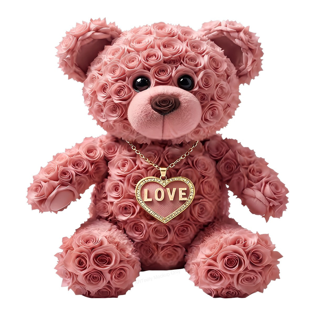 DTF Transfer Rose Teddy Bear with Gold Love Heart Necklace Graphic for Valentine Shirts and Romantic Gifts - 1