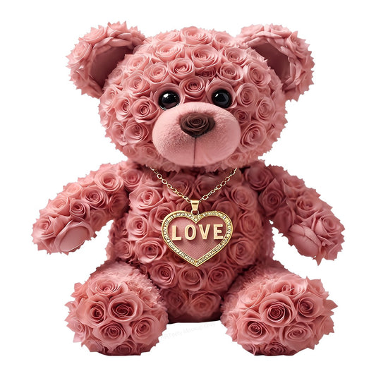 DTF Transfer Rose Teddy Bear with Gold Love Heart Necklace Graphic for Valentine Shirts and Romantic Gifts - 1