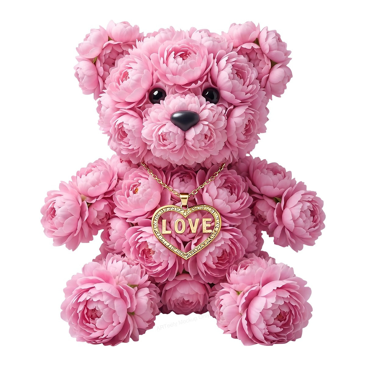 DTF Transfer Pink Flower Teddy Bear with Gold LOVE Heart Necklace Graphic for T Shirts Hoodies and Valentine Gifts - 1