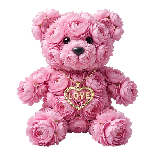 DTF Transfer Pink Flower Teddy Bear with Gold LOVE Heart Necklace Graphic for T Shirts Hoodies and Valentine Gifts - 1