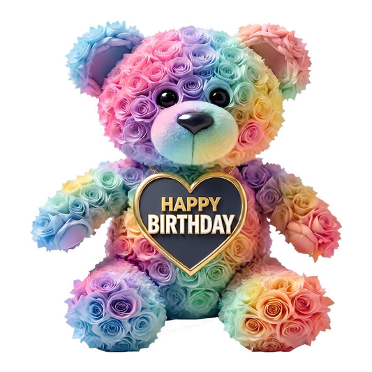 DTF Transfer Happy Birthday Rainbow Rose Teddy Bear Graphic for T Shirts Hoodies and Gifts - 1