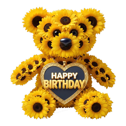 DTF Transfer Happy Birthday Sunflower Teddy Bear Heart Pendant Graphic for T Shirts Hoodies and Gifts - 1
