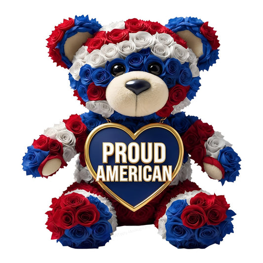 DTF Transfer Proud American Teddy Bear with Red White Blue Rose Design for T Shirts Hoodies and Patriotic Holiday Shirts - 1