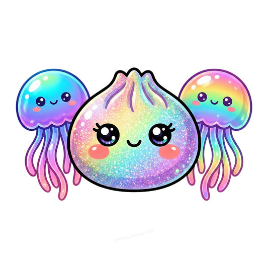 DTF Transfer Kawaii Rainbow Dumpling and Jellyfish Glitter Graphic for T Shirts Hoodies and Tote Bags - 1