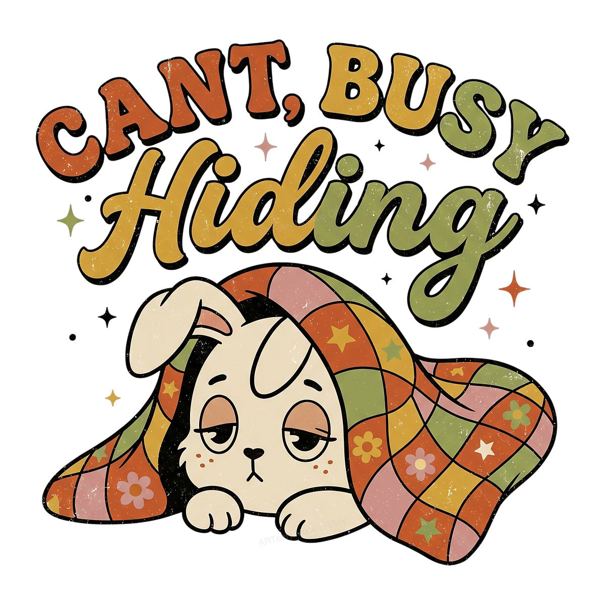 Funny Graphic Transfer Cant Busy Hiding Bunny Under Quilt Retro Pastel Design for T Shirts Hoodies and Lounge Wear - 1
