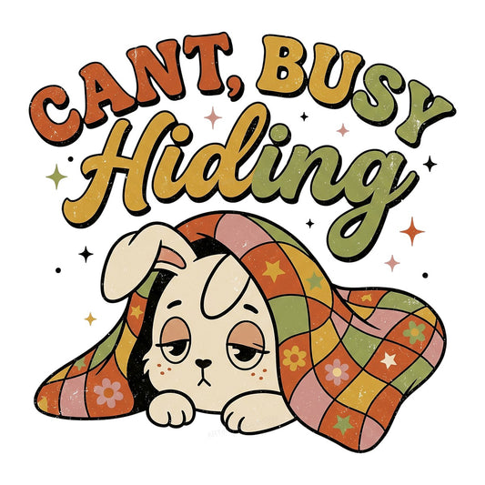 Funny Graphic Transfer Cant Busy Hiding Bunny Under Quilt Retro Pastel Design for T Shirts Hoodies and Lounge Wear - 1