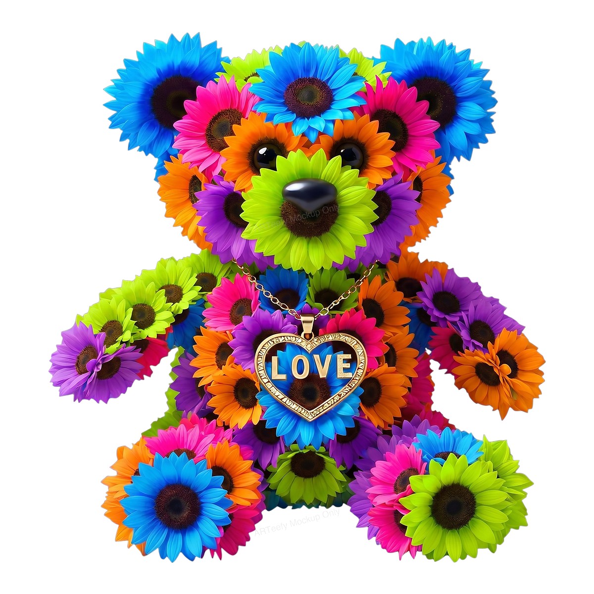 DTF Transfer Floral Teddy Bear LOVE Heart Necklace Graphic for T Shirts Hoodies and Gifts - 1