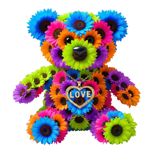 DTF Transfer Floral Teddy Bear LOVE Heart Necklace Graphic for T Shirts Hoodies and Gifts - 1