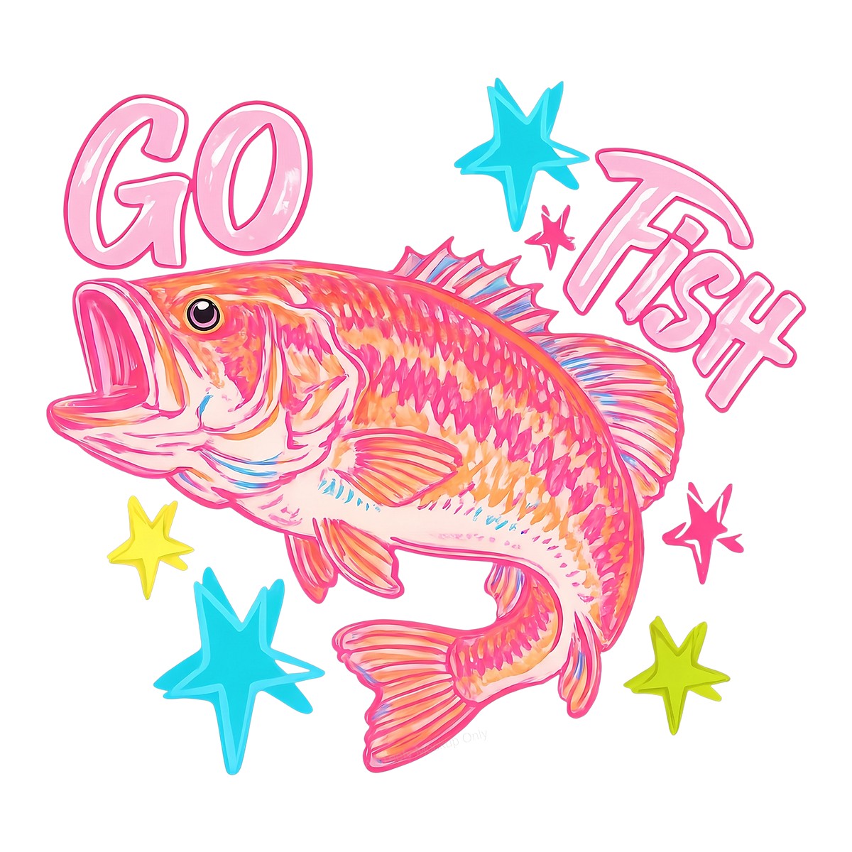 DTF Transfer Go Fish Pink Bass with Colorful Stars Graphic for T Shirts Hoodies and Fishing Apparel - 1