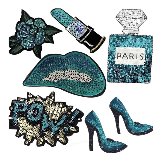 Heat Transfer Patch Teal Sequin Lips Perfume Heels Comic Pow Graphic for T Shirts Hoodies and Tote Bags - 1