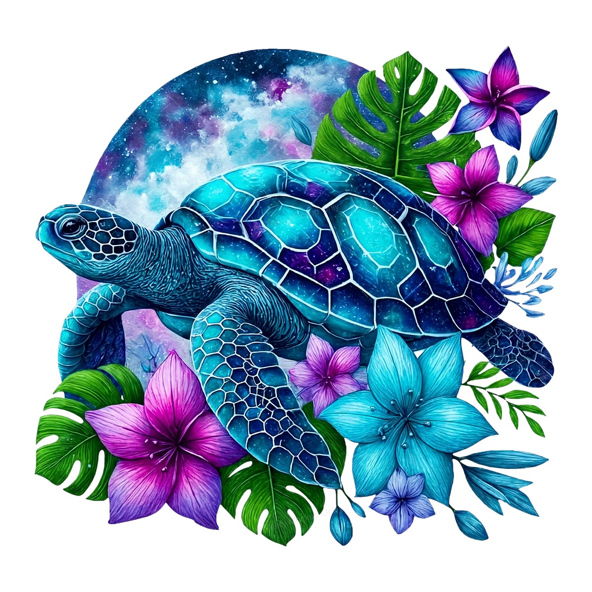 DTF Heat Transfer Galaxy Sea Turtle with Tropical Flowers Neon Art Graphic for T Shirts Hoodies and Tote Bags - 1