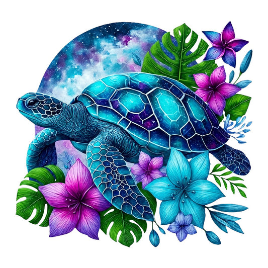 DTF Heat Transfer Galaxy Sea Turtle with Tropical Flowers Neon Art Graphic for T Shirts Hoodies and Tote Bags - 1