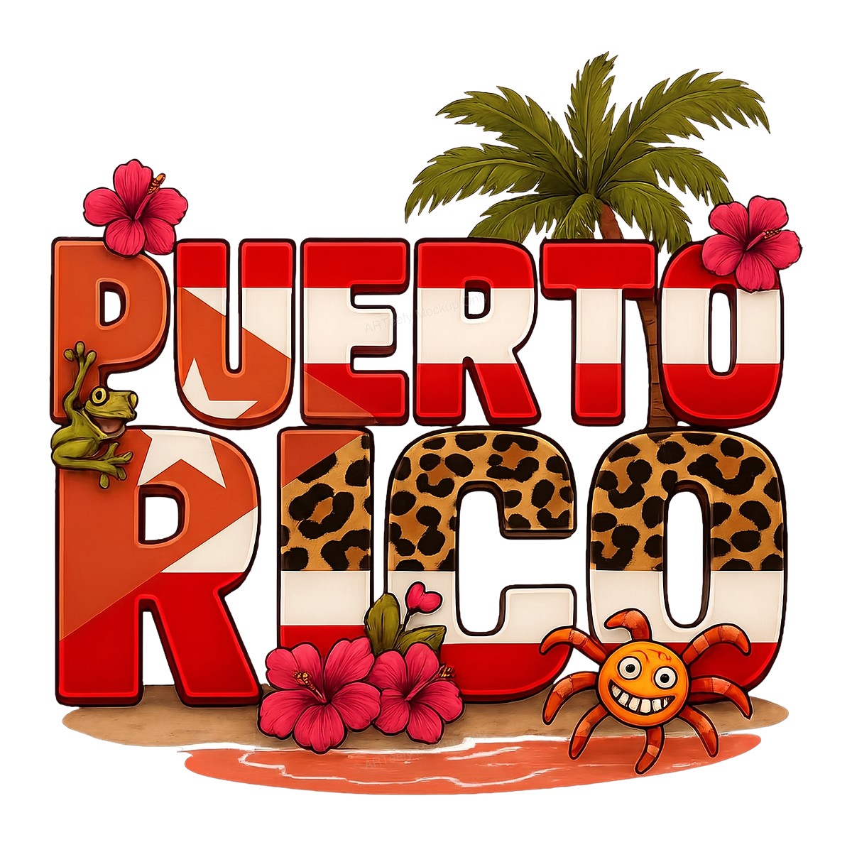 DTF Heat Transfer Puerto Rico Flag Text with Leopard Print Palm Tree and Hibiscus Graphic for T Shirts Hoodies and Travel Apparel - 1