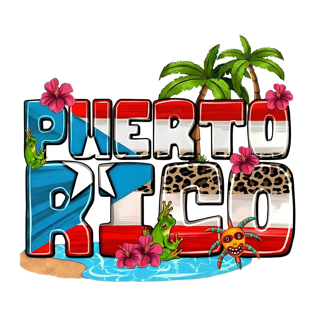 DTF Heat Transfer Puerto Rico Flag Tropical Beach Coqui Frog Graphic for T Shirts Hoodies and Travel Apparel - 1