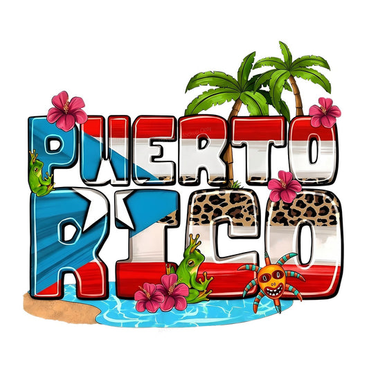 DTF Heat Transfer Puerto Rico Flag Tropical Beach Coqui Frog Graphic for T Shirts Hoodies and Travel Apparel - 1