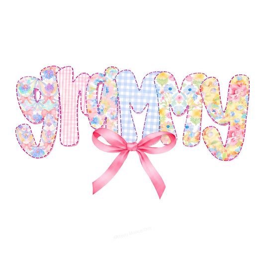 DTF Transfer Grammy Floral Patchwork Lettering with Pink Bow Graphic for T Shirts Hoodies and Gifts - 1