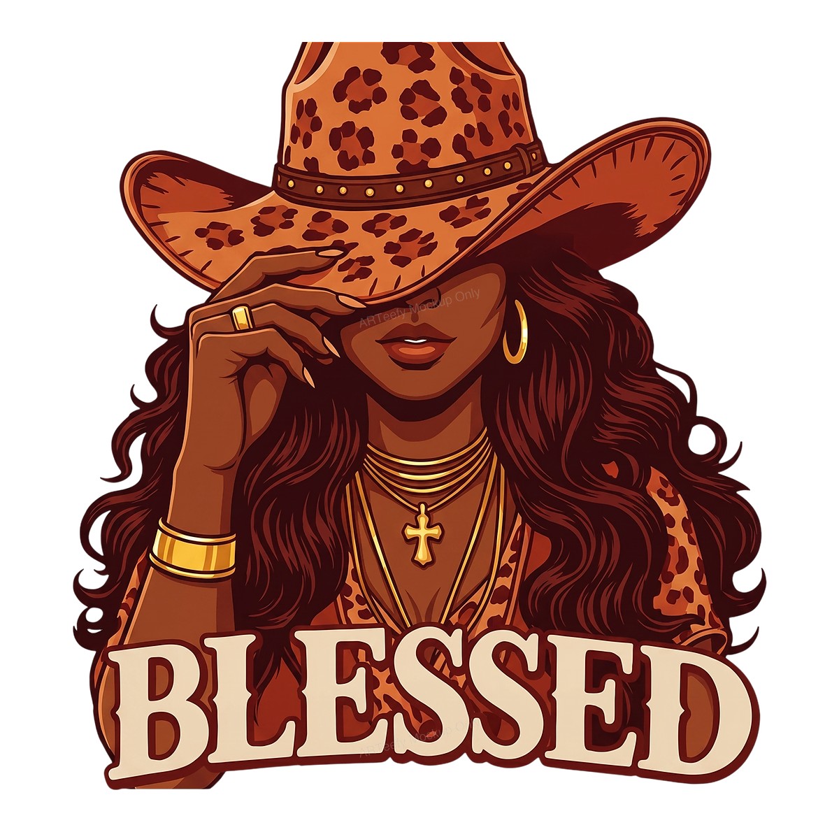 Christian Heat Transfer Blessed Cowgirl with Leopard Hat Western Graphic for T Shirts Hoodies and Tote Bags - 1