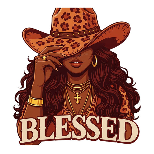 Christian Heat Transfer Blessed Cowgirl with Leopard Hat Western Graphic for T Shirts Hoodies and Tote Bags - 1