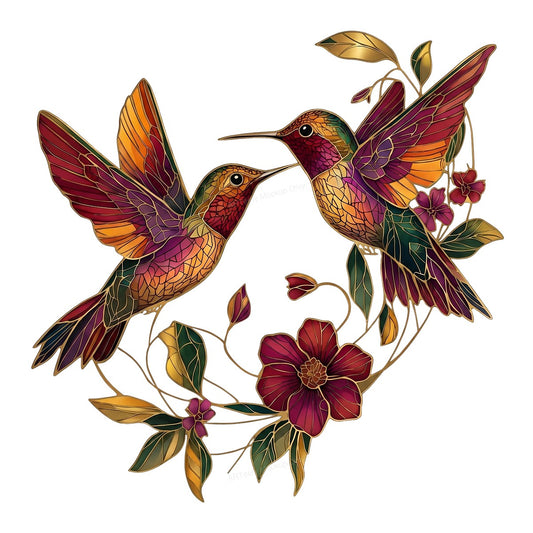 DTF Heat Transfer Two Hummingbirds with Floral Stained Glass Style Graphic for T Shirts Hoodies and Tote Bags - 1