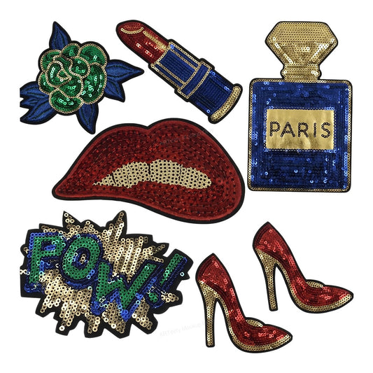 Heat Transfer Patch Set Sequin Lips Lipstick Perfume Heels Comic Pow Graphic for T Shirts Jackets and Tote Bags - 1