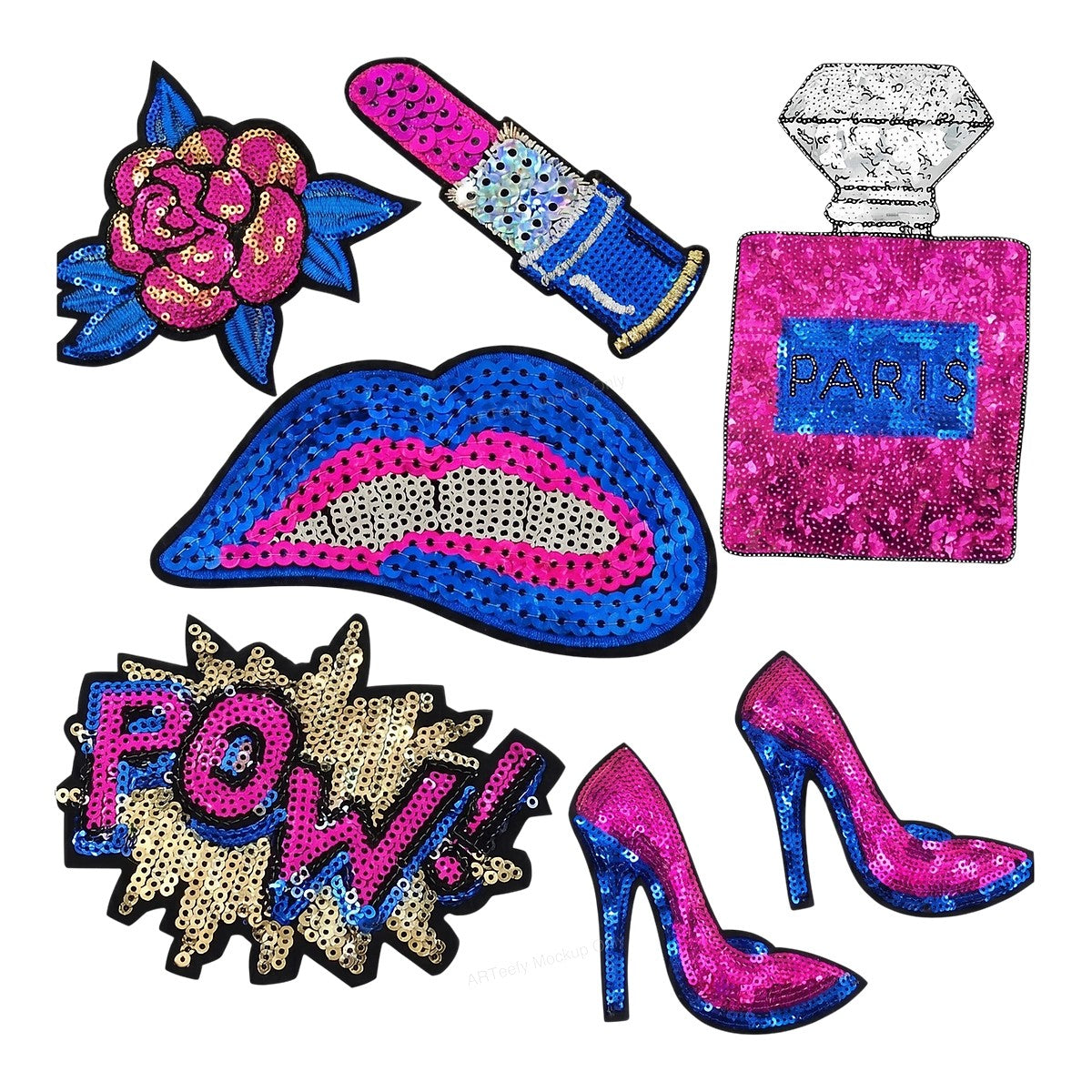 Iron On Transfer Sequin Lips Lipstick Perfume and Heels Pop Art Graphic for T Shirts Hoodies and Tote Bags - 1