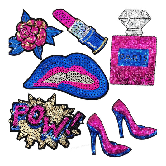 Iron On Transfer Sequin Lips Lipstick Perfume and Heels Pop Art Graphic for T Shirts Hoodies and Tote Bags - 1