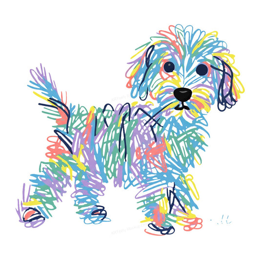 DTF Transfer Colorful Scribble Puppy Dog Illustration Graphic for T Shirts Hoodies and Tote Bags - 1