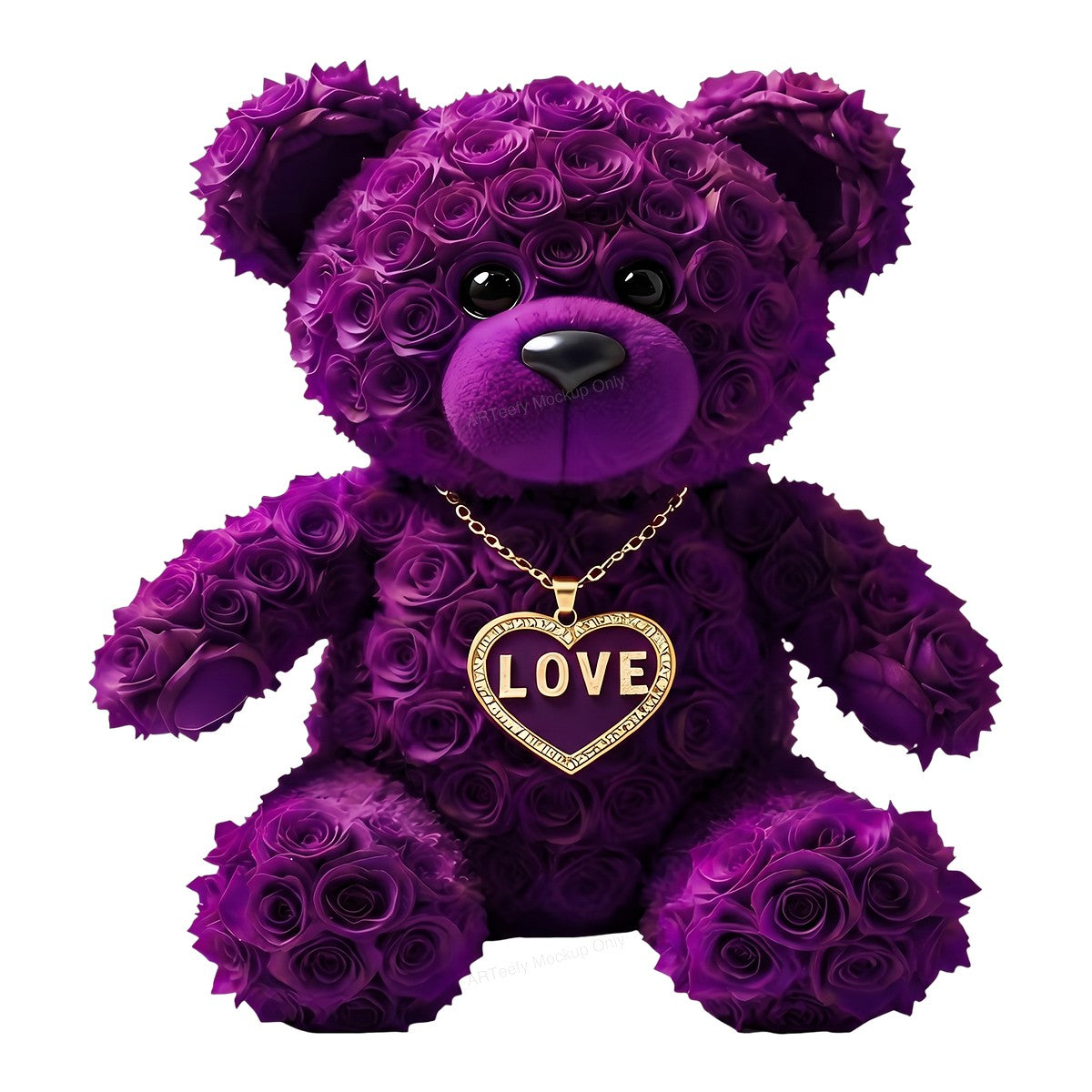 DTF Transfer Purple Rose Teddy Bear with Gold Love Heart Necklace Graphic for T Shirts Hoodies and Valentine Gifts - 1