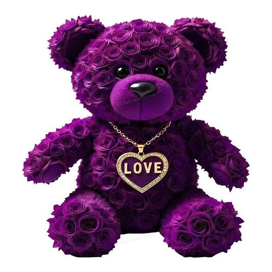 DTF Transfer Purple Rose Teddy Bear with Gold Love Heart Necklace Graphic for T Shirts Hoodies and Valentine Gifts - 1