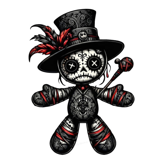 DTF Transfer Gothic Voodoo Doll in Top Hat Dark Red and Black Graphic for T Shirts Hoodies and Halloween Apparel - 1