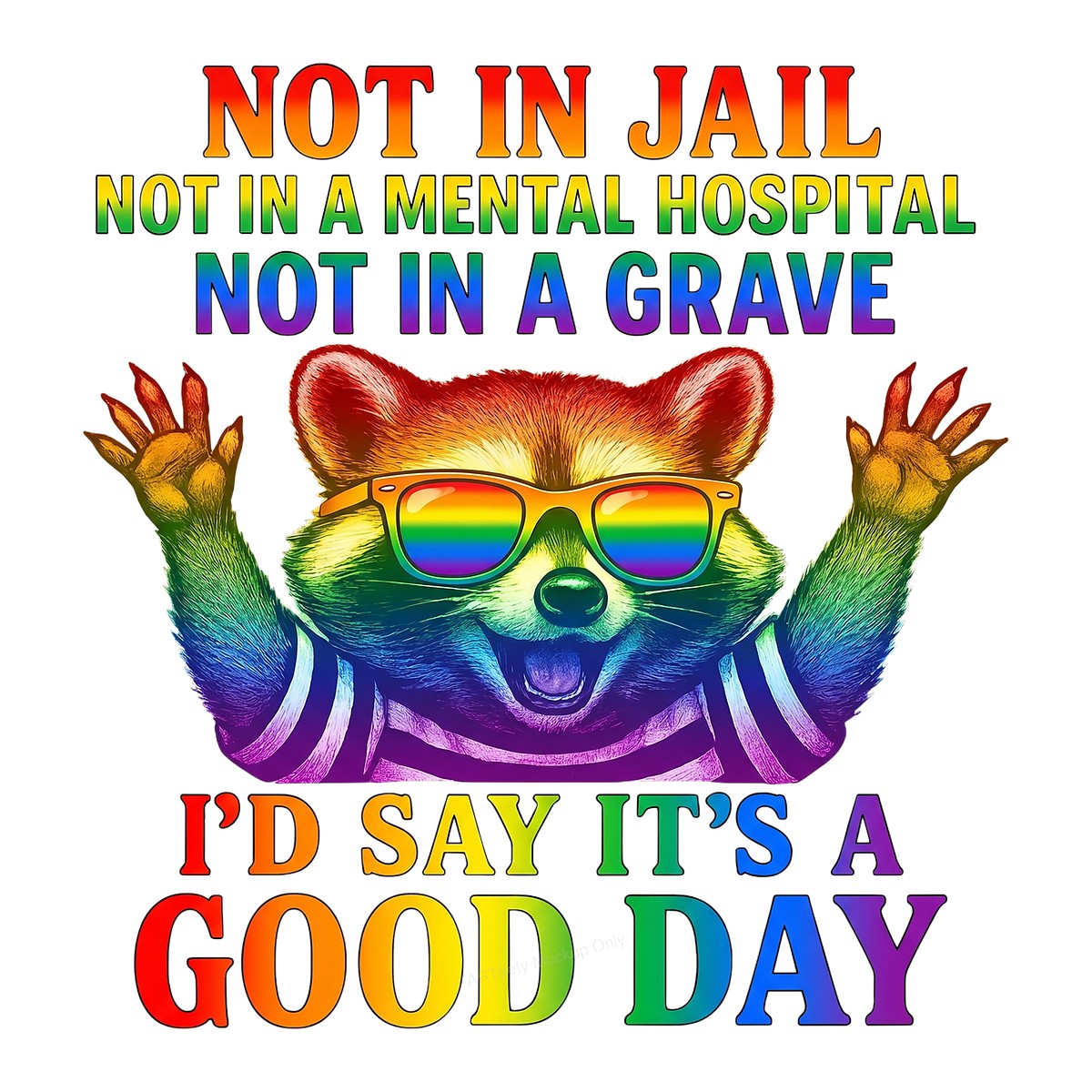 Funny Graphic Transfer Not In Jail Not In A Mental Hospital Not In A Grave Quote Rainbow Raccoon Design for T Shirts Hoodies and Tote Bags - 1
