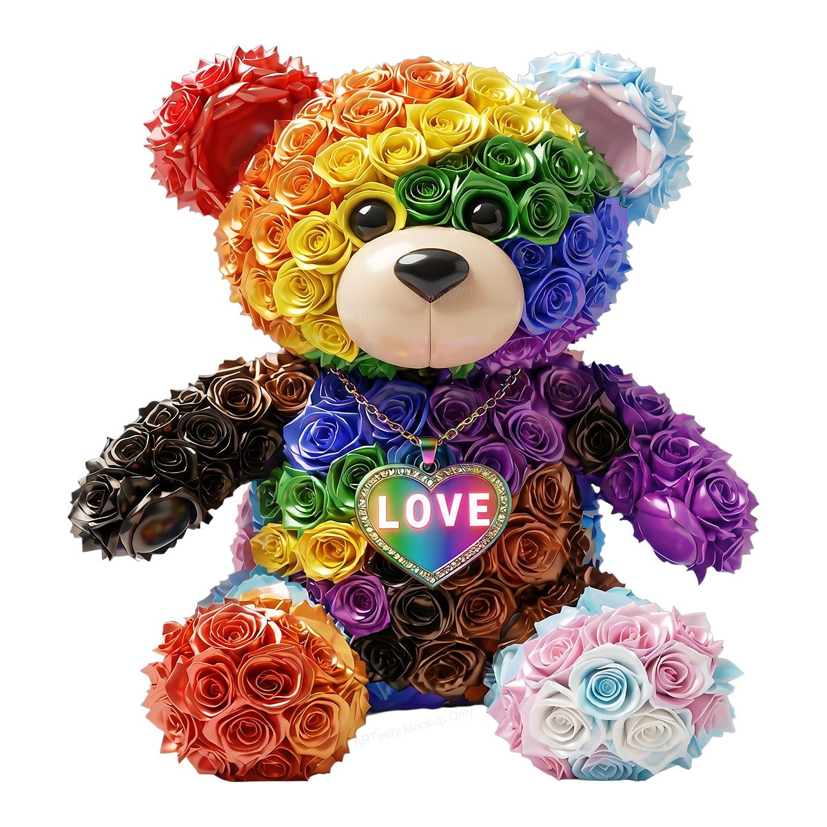 DTF Heat Transfer Rainbow Rose Bear LOVE Heart Graphic for T Shirts Hoodies and Pride Apparel - 1