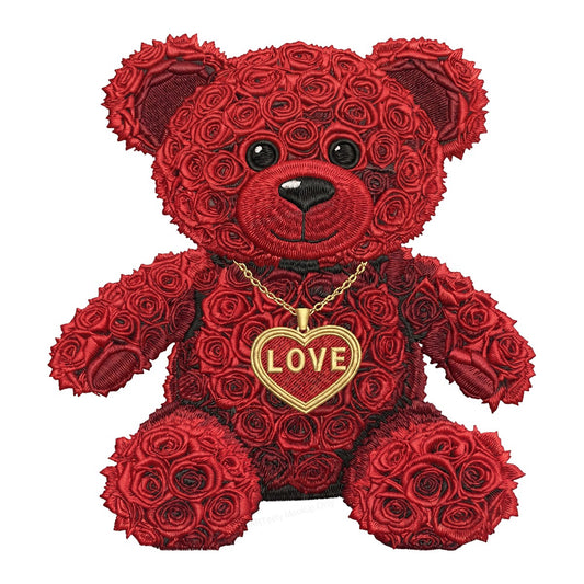 DTF Transfer Red Rose Teddy Bear with Love Heart Pendant Embroidery Style Graphic for Valentine Shirts and Gifts - 1