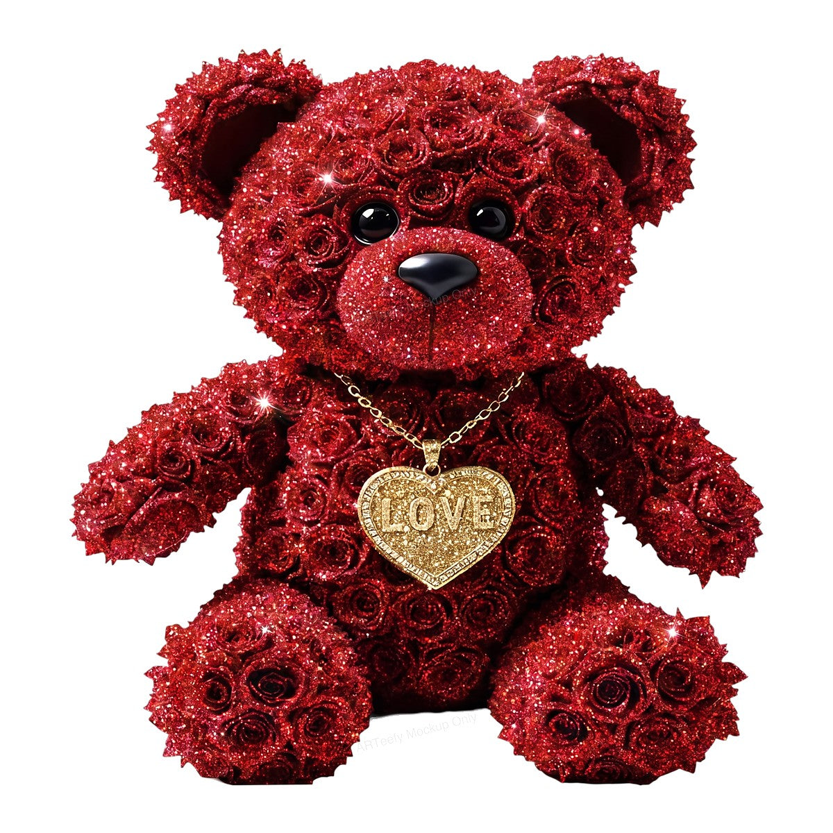DTF Transfer Red Rose Teddy Bear with Gold Love Heart Necklace Graphic for Valentine Shirts and Romantic Gifts - 1