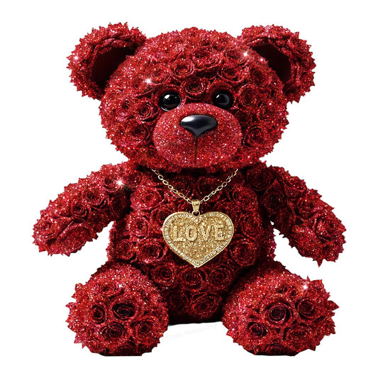 DTF Transfer Red Rose Teddy Bear with Gold Love Heart Necklace Graphic for Valentine Shirts and Romantic Gifts - 1