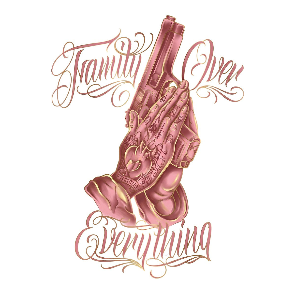DTF Heat Transfer Family Over Everything Praying Hands with Gun Tattoo Art for T Shirts Hoodies and Streetwear Apparel - 1