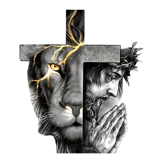 Christian Heat Transfer Lion and Cross with Praying Hands Graphic for T Shirts Hoodies and Christian Apparel - 1