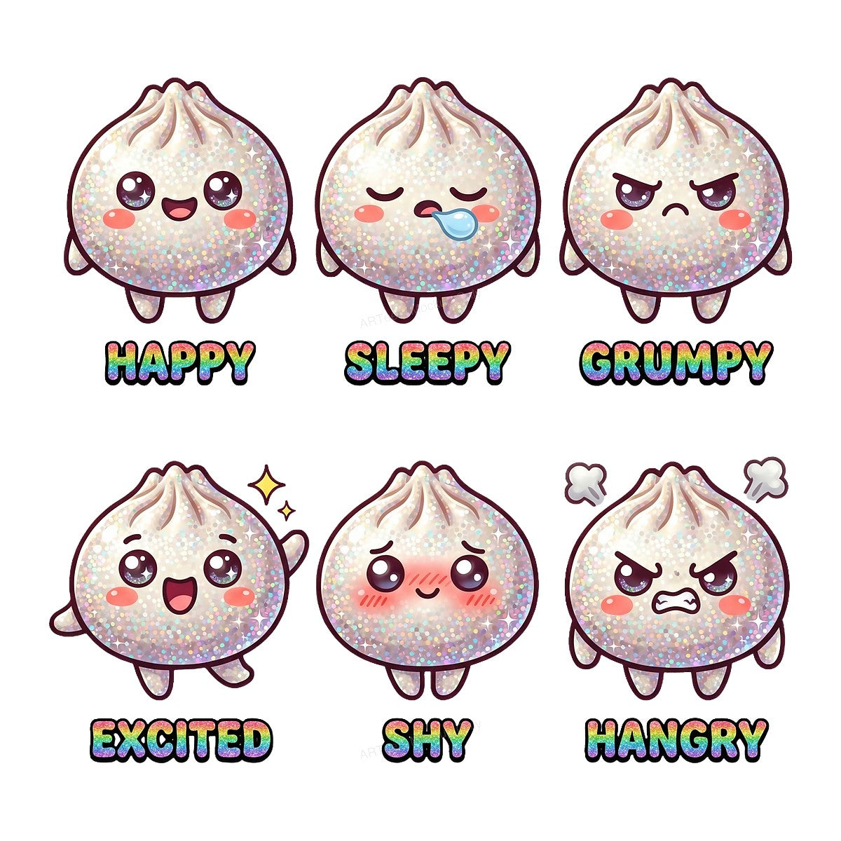 Funny Graphic Transfer Glitter Dumpling Emotions Happy Sleepy Grumpy Design for T Shirts Hoodies and Tote Bags - 1